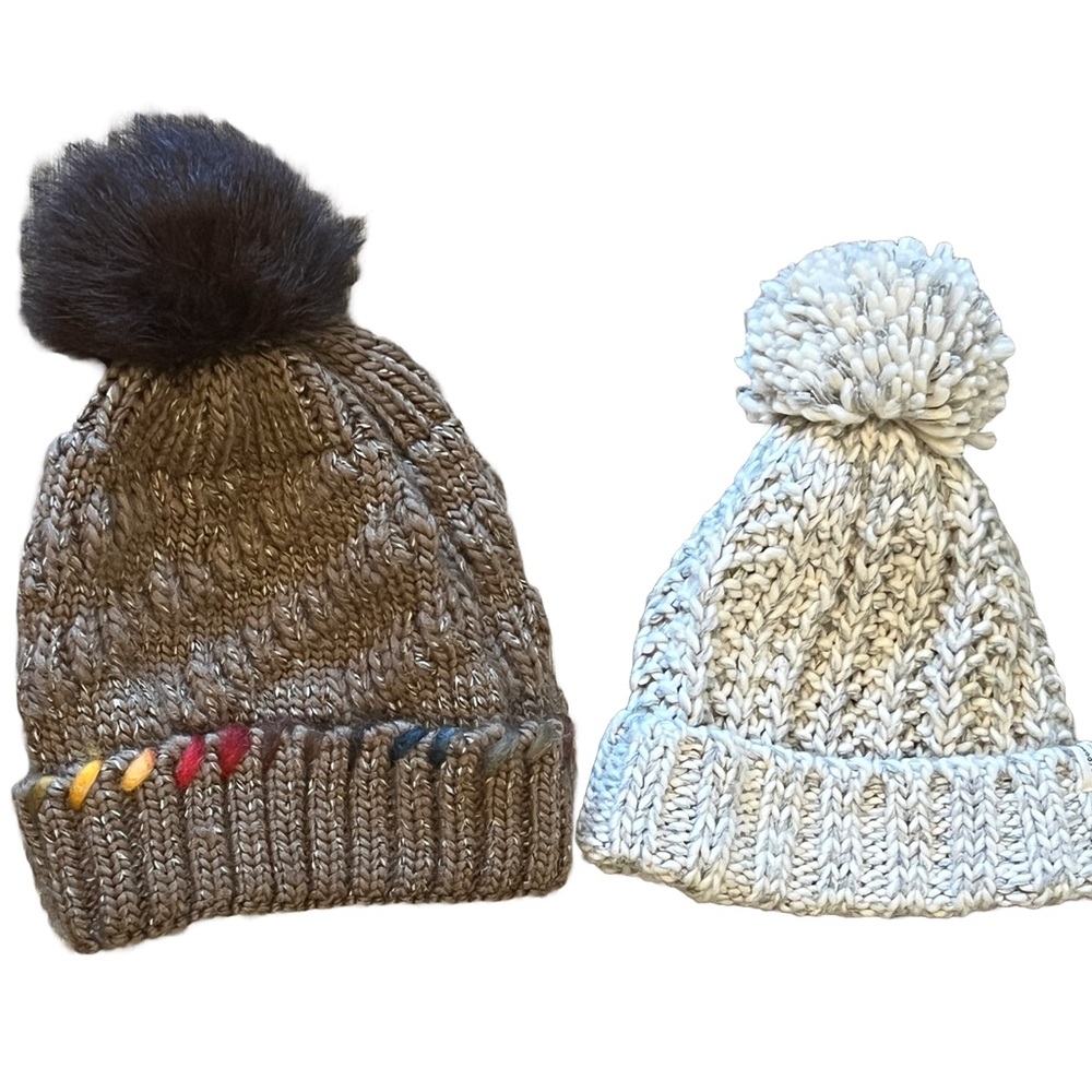 Warm Knit Pom-Pom Beanie Set - Brown and Cream